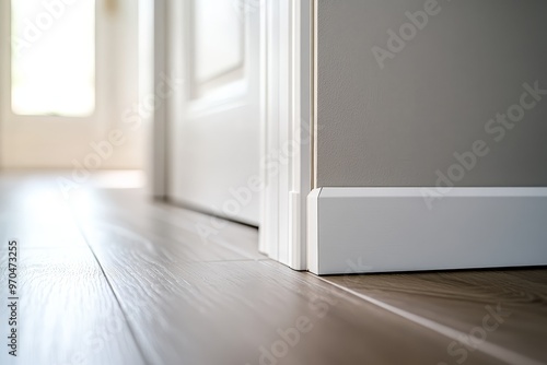 Close-up of white baseboard meeting the floor.