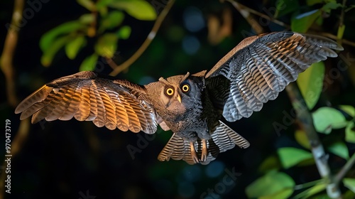 Colugo gliding between trees, nocturnal rainforest scene: A colugo glides silently between trees in the nocturnal rainforest, its wide, membranous wings allowing it to travel effortlessly through 