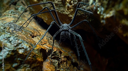 Amblypygi whip spider, alien-like arachnid on cave wall: An Amblypygi whip spider clings to a cave wall, its alien-like appearance and long, slender legs creating an eerie presence in the dark 