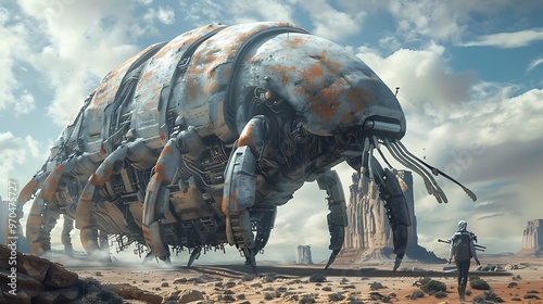 Giant isopod as futuristic vehicle, post-apocalyptic transport: A giant isopod is reimagined as a futuristic vehicle, scuttling across a post-apocalyptic landscape as a unique form of transportation 