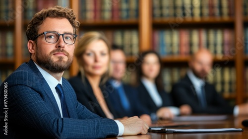 A group of lawyers in a professional training session, sitting around a large oval table in an elegant conference room