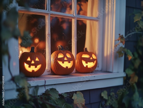 Tres calabazas talladas y encendidas decoran el alféizar de una ventana durante la noche de Halloween, con hojas de otoño alrededor. Ambiente cálido y festivo