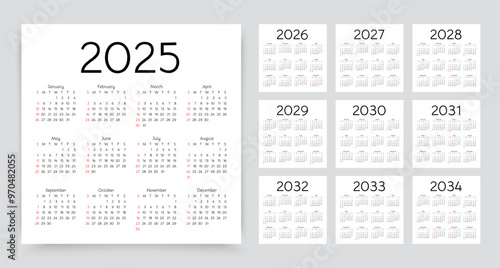 2025, 2026, 2027, 2028, 2029, 2030, 2031, 2032, 2033, 2034 calendars. Calender templates. Week starts Sunday. Desk planner layout. Yearly organizer with 12 month in English. Vector illustration