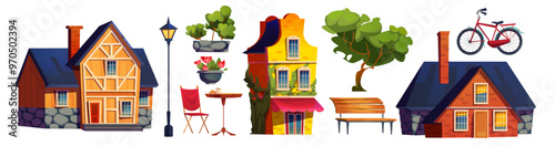 Old European city buildings set isolated on white background. Vector cartoon illustration of Dutch stone house with chimney on roof, wooden bench, bicycle, street cafe table and chair, green tree