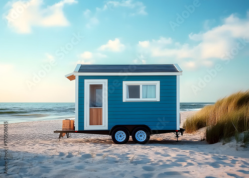 Blue modern tiny house on wheel standing on the beach. Seaside. 