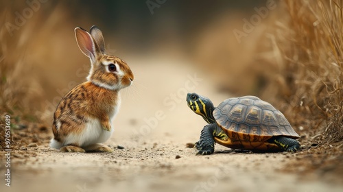 Create an image of the rabbit and the turtle at the end of their race, with the rabbit admitting its overconfidence and the turtle accepting the victory with grace.