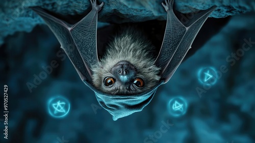 A bat wearing a tiny wizard hat, hanging upside down in a spooky cave, with magical glowing symbols, bat wizard costume, dark magic