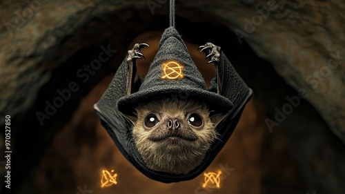 A bat wearing a tiny wizard hat, hanging upside down in a spooky cave, with magical glowing symbols, bat wizard costume, dark magic