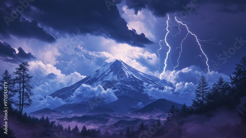 image of Mount Fuji during a summer storm, with dramatic clouds and lightning striking the peak.