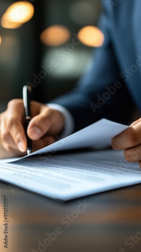 A business professional signing important documents, symbolizing commitment and diligence in a corporate environment.