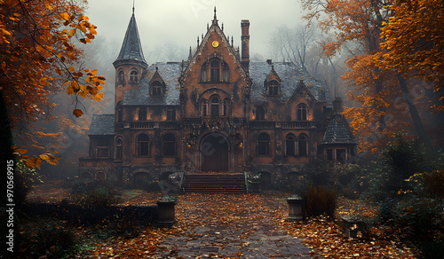 “A Gothic Mansion with an Imposing Front Facade Surrounded by Dark Trees” 