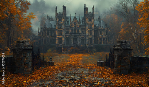 “A Gothic Mansion with an Imposing Front Facade Surrounded by Dark Trees” 