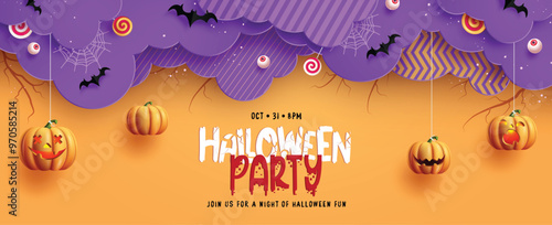 Halloween party invitation card vector banner design. Halloween party trick or treat holiday greeting card with paper cut clouds and hanging creepy elements. Vector illustration flyers promotion 