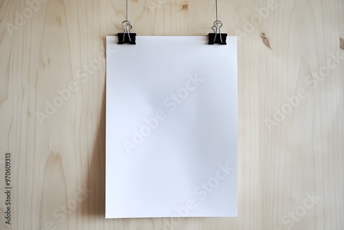 White paper hangs vertically on wooden surface, secured by black binder clips