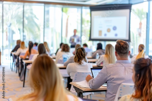 A modern corporate training session with young adults in a bright, glass-walled conference room