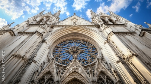 Picture a classic European cathedral with intricate Gothic architecture. The facade is adorned with detailed stone carvings, tall spires