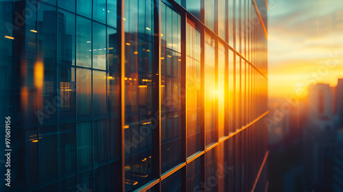 Golden Hour Skyscraper: A modern glass skyscraper reflects the warm glow of a breathtaking sunset, symbolizing ambition, success, and the promise of a new day. 