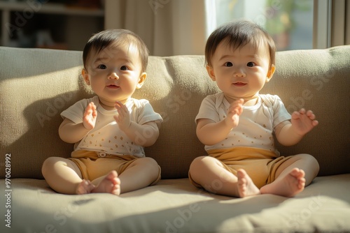 Two adorable babies sit on a cozy couch, smiling and clapping in soft sunlight, capturing pure joy and innocence.