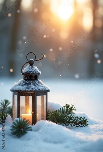 In the sunlight, a Christmas lantern rests on snow with a branch of fir. Winter decoration background, copy space on a side