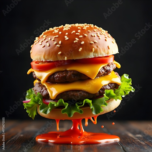 A hamburger with a bun and more testy