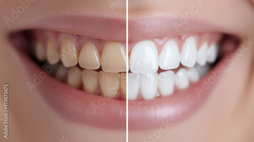 Close-up of a smiling woman's mouth showing before and after teeth whitening process with noticeable difference