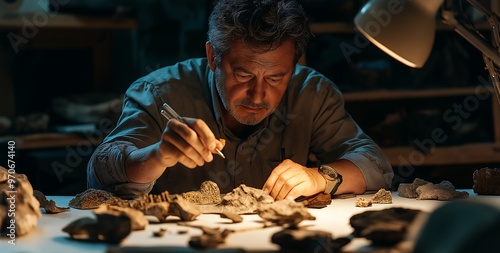 A professional paleontologist carefully examining an ancient fossil under the spotlight, surrounded by rocks and tiny pieces of bone on his desk