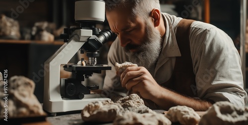 A professional paleontologist carefully examining an ancient fossil under the spotlight, surrounded by rocks and tiny pieces of bone on his desk