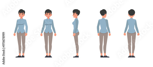 Business woman front, side and back view wear blue shirt character vector illustration design set. Presentation in various action.