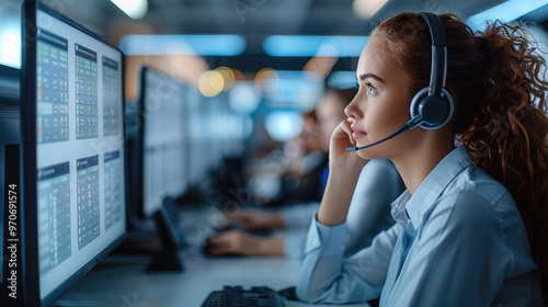 A dedicated support call center worker, focused and diligent, is seated at desk in a busy, modern call center. is intently reviewing a customer checking account activity on large computer screen.