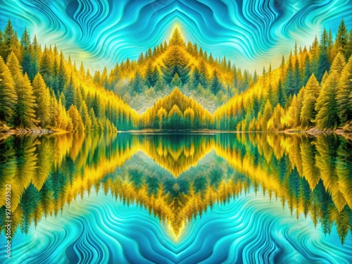 Mirrored lake symmetry disrupted by stylized vector waves in vibrant turquoise and yellow hues exuding playful dynamism