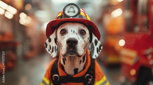 A brave Dalmatian dog in a firefighter uniform and helmet stands ready for action, embodying courage and loyalty in a rescue setting.