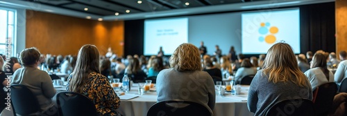 A wide-angle shot of a conference room filled with professionals seated at round tables, listening attentively to a speaker presenting on a large screen