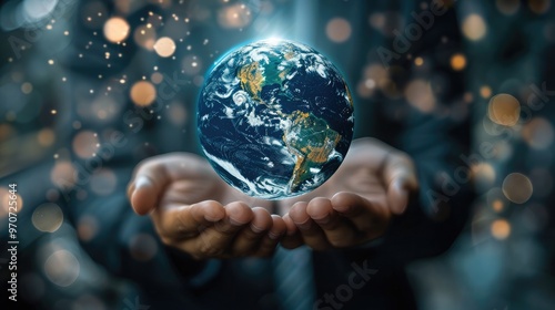 A businessman holds a digital hologram of the Earth, representing the global network and connectivity concept. This information technology is used for business intelligence or data science.