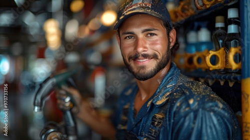 Smiling young man in a work environment, likely at a car wash