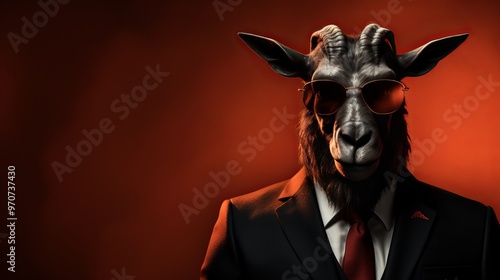 A goat dressed in a suit and sunglasses poses dramatically against a dark background