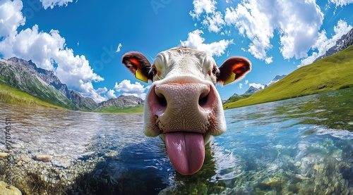 Une vache tirant la langue et se léchant les babines, debout au bord d'un lac alpin, ciel bleu avec des nuages blancs.