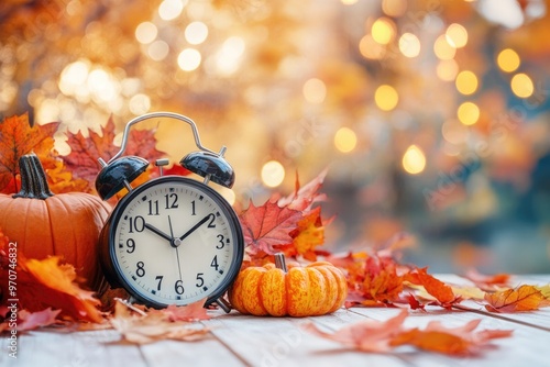 Fall back with clocks autumn decor and daylight saving time.