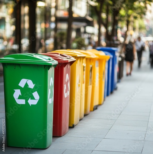 Contenedores de reciclaje de diferentes colores alineados en una acera de la ciudad, destacando el compromiso con la gestión de residuos.