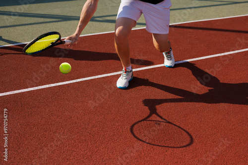 Male tennis player hits difficult ball close-up on tennis court background, tennis game concept