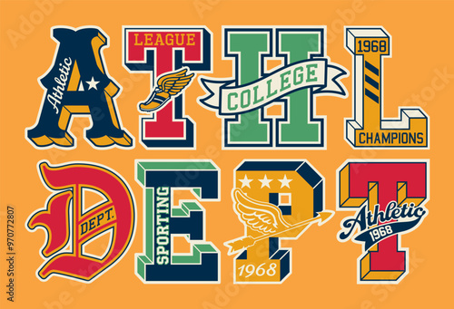 College athletic department initial font patches vintage vector artwork for boy kid children sport wear shirt sweatshirt bomber jacket print embroidery