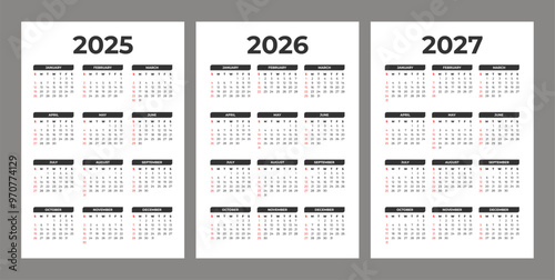 Set of 2025 2026 2027 Basic Calendar in White Background