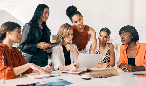 Business people, teamwork and women in meeting, planning and brainstorming in office. Employees, empowerment and coworkers with documents, magazine agency and creativity for project and cooperation