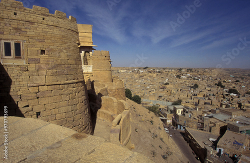 a view of the Jaisalmer Fort with the city of Jaisalmer in the Province of Rajasthan in India. India, Jaisalmer, January, 1998