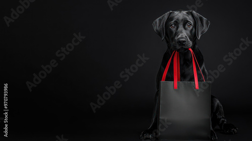 Black Friday sale banner. Black Labrador sitting on black background holding in mouth black shopping bags with red handles. Copy space. Special offer, discount. Super seasonal sale