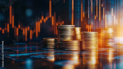 Stack of coins with trading price graph growth.Money business financial graph diagram of coin. Financial growth data or investment market profit bar and success report.Saving money concept.