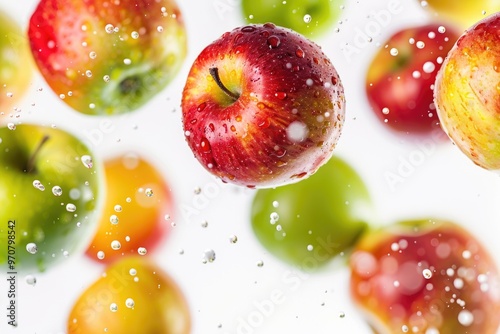 A bunch of fresh apples floating on the surface of water with air bubbles, perfect for food or beverage related imagery