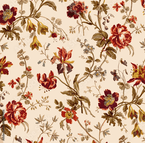 A vintage floral pattern featuring detailed illustrations of flowers and leaves in rich colors, evoking a classic and elegant aesthetic.