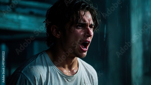 A close up expressive portrait of a crying handsome angry young man screaming at night under the rain. Dramatic anger agression emotive photo illustration concept. 