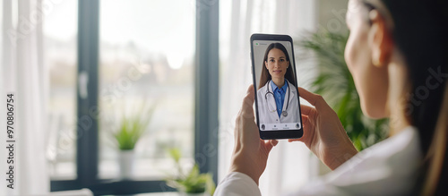 Telemedicine. Young woman making video call to female doctor at home, doctor consulting patient online, telemedicine and healthcare. ill feeling woman making a call on phone from home with physician