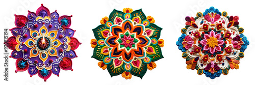 Traditional rangoli artwork with warm tones of red, orange, and yellow arranged in a circular flower design isolated on a white background, png